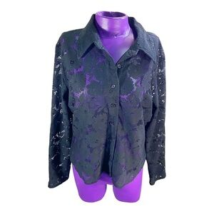 Jalate Limited vintage 90s black sheer mesh collared floral button up blouse